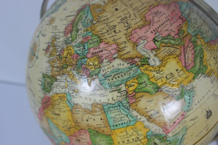 12 1980s vintage globe replogle world classic series neutral colours made in usa paper raised topography wood base 0719