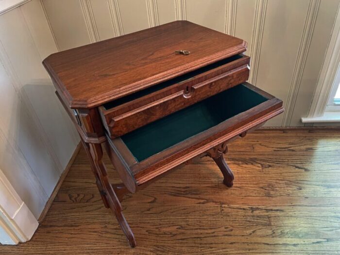 1900s antique burled walnut sewing table with two drawers lined in original green felt all original 0047