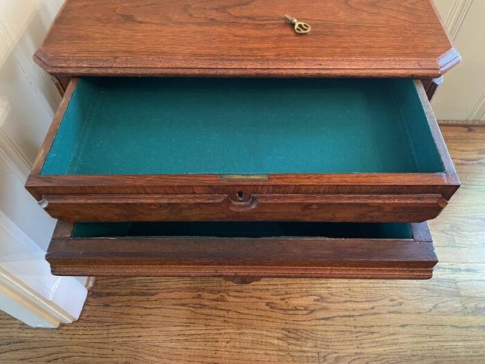 1900s antique burled walnut sewing table with two drawers lined in original green felt all original 0145