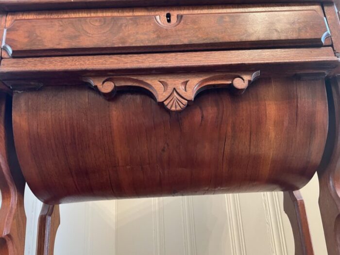 1900s antique burled walnut sewing table with two drawers lined in original green felt all original 0407