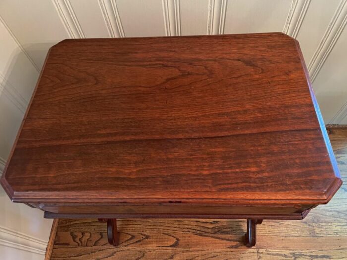 1900s antique burled walnut sewing table with two drawers lined in original green felt all original 2768