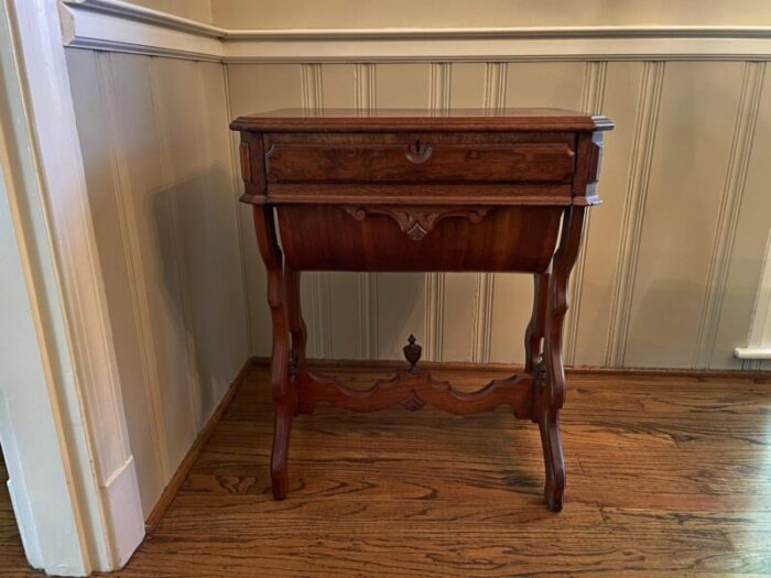 1900s antique burled walnut sewing table with two drawers lined in original green felt all original 5988