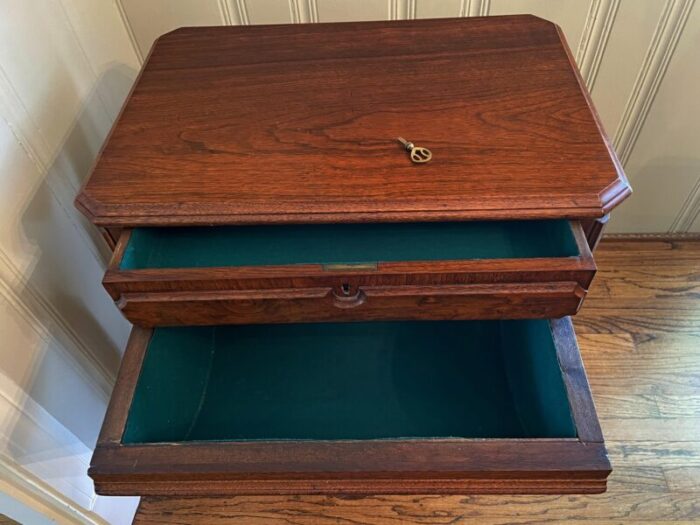 1900s antique burled walnut sewing table with two drawers lined in original green felt all original 6742 1