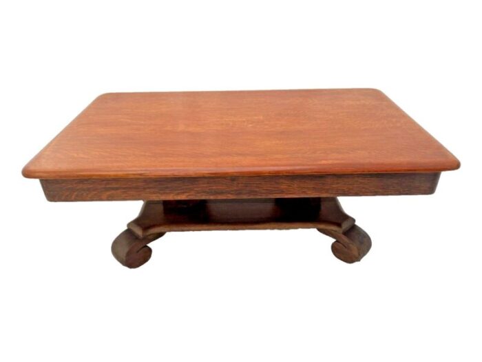 1910s antique coffee table solid oak top center drawer shelf american empire style 1121