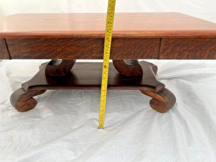 1910s antique coffee table solid oak top center drawer shelf american empire style 2568