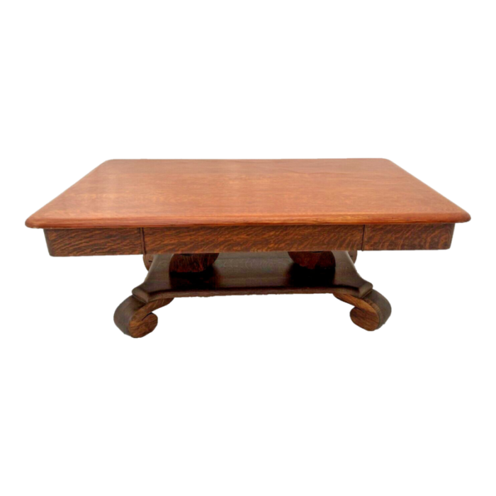 1910s antique coffee table solid oak top center drawer shelf american empire style 5925