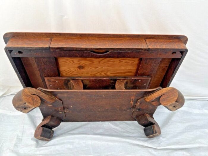 1910s antique coffee table solid oak top center drawer shelf american empire style 7543