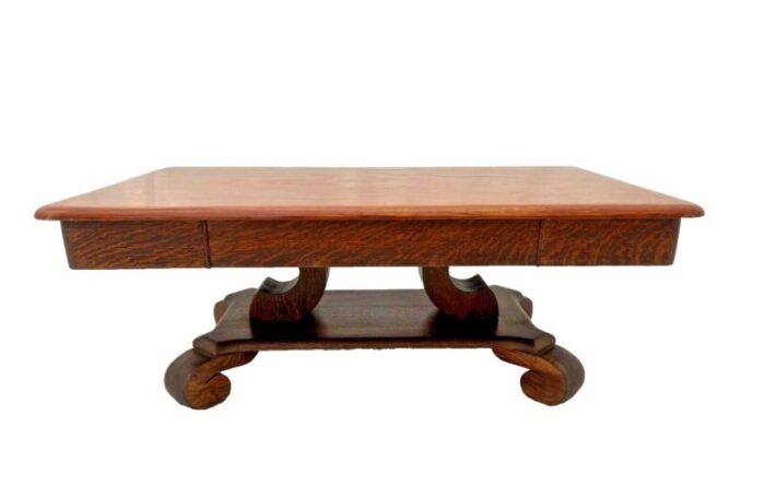 1910s antique coffee table solid oak top center drawer shelf american empire style 8586