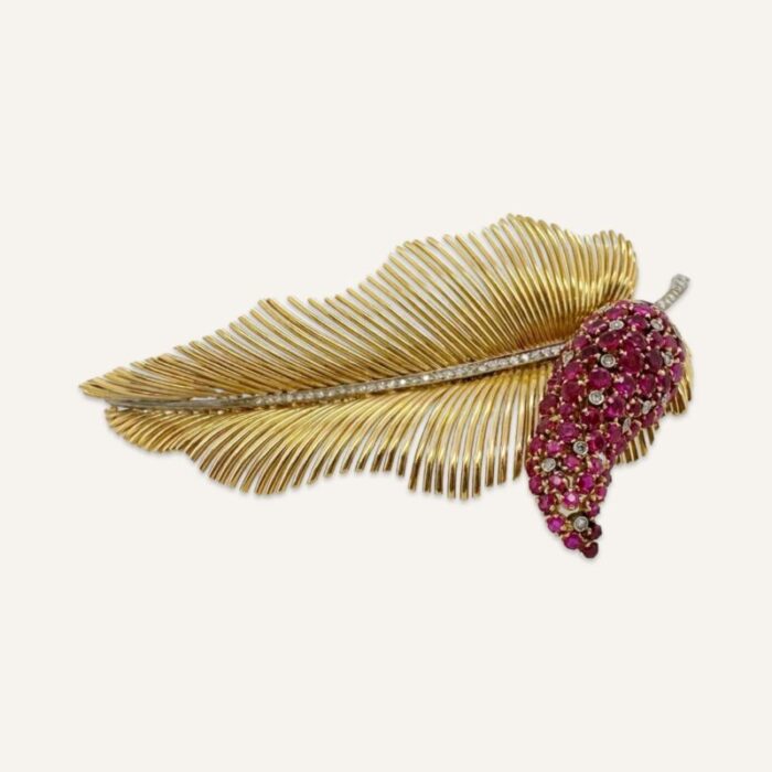 1940s deco 18k gold leaf with ruby and diamond spadix brooch 0117