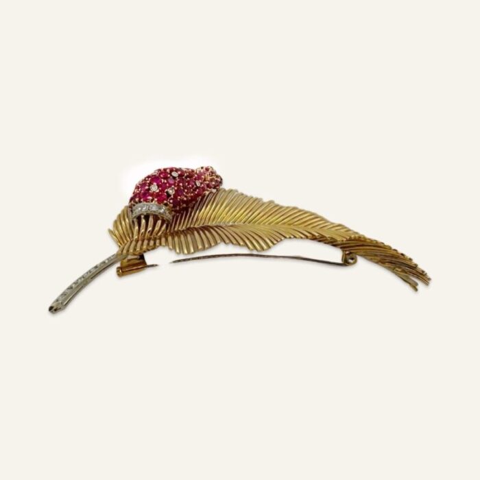 1940s deco 18k gold leaf with ruby and diamond spadix brooch 2117