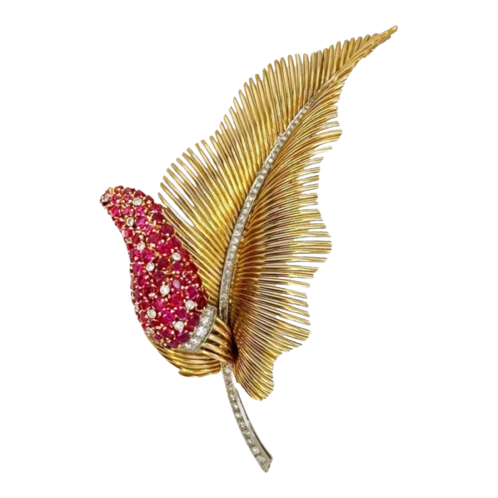 1940s deco 18k gold leaf with ruby and diamond spadix brooch 4695