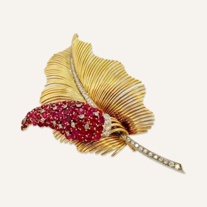 1940s deco 18k gold leaf with ruby and diamond spadix brooch 7827