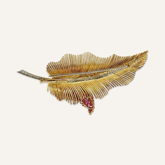 1940s deco 18k gold leaf with ruby and diamond spadix brooch 7861