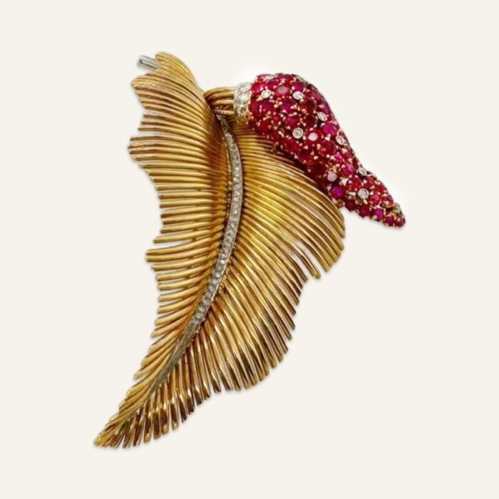 1940s deco 18k gold leaf with ruby and diamond spadix brooch 8344