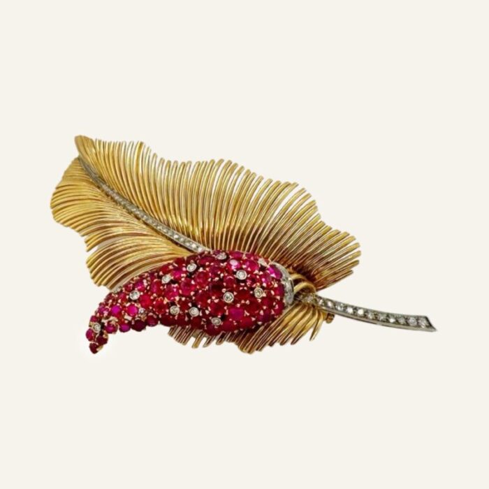 1940s deco 18k gold leaf with ruby and diamond spadix brooch 9097