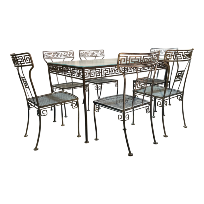 1940s salterini greek key wrought iron patio table and 6 chairs 2576