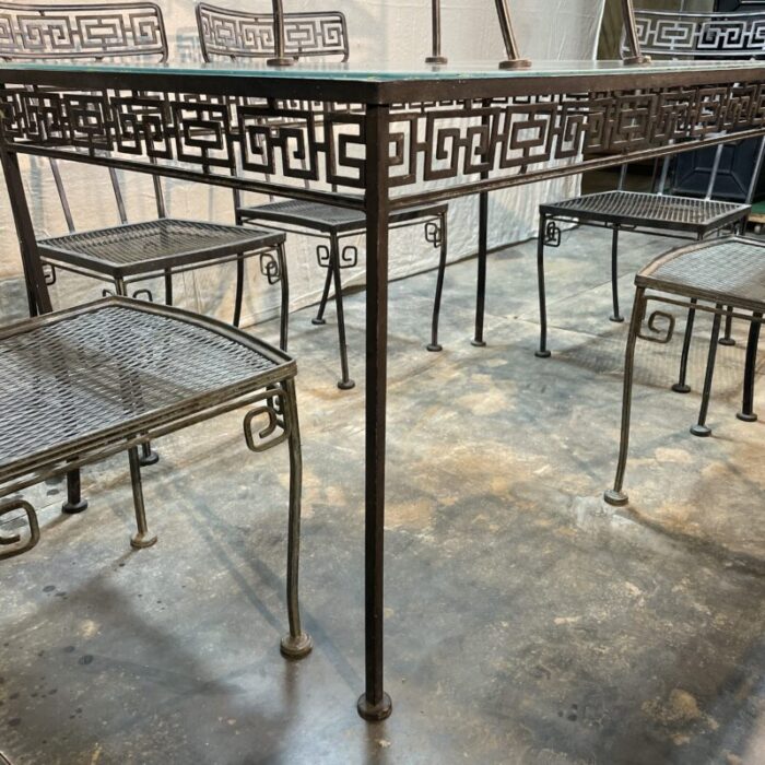 1940s salterini greek key wrought iron patio table and 6 chairs 5885