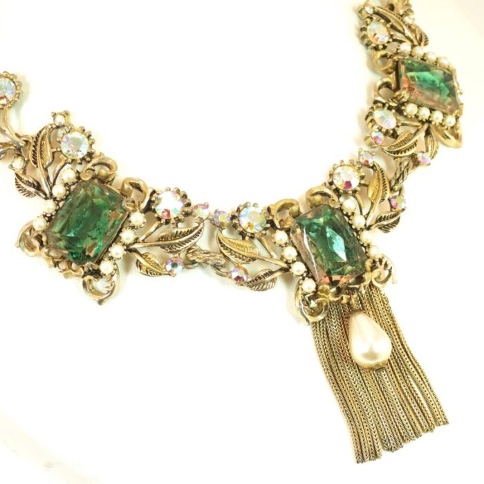 1950s designer baroque watermelon glass and pearl necklace and earrings set 3 pieces 4820