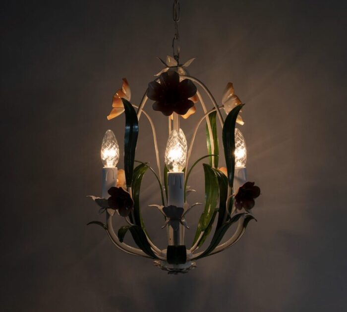 1950s tole chandelier with poppy flowers 0453