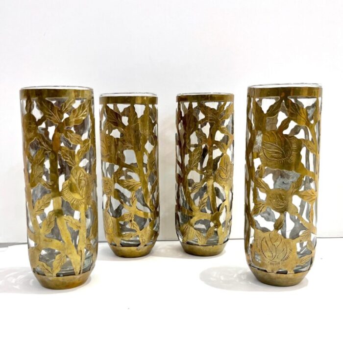 1960 mexican set of 4 drinking glasses encased in etched cutwork floral brass decor 1170