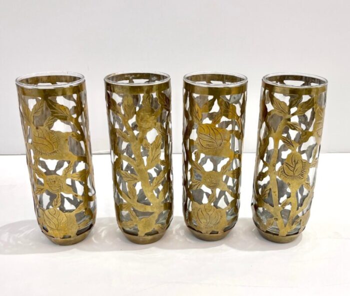 1960 mexican set of 4 drinking glasses encased in etched cutwork floral brass decor 1468