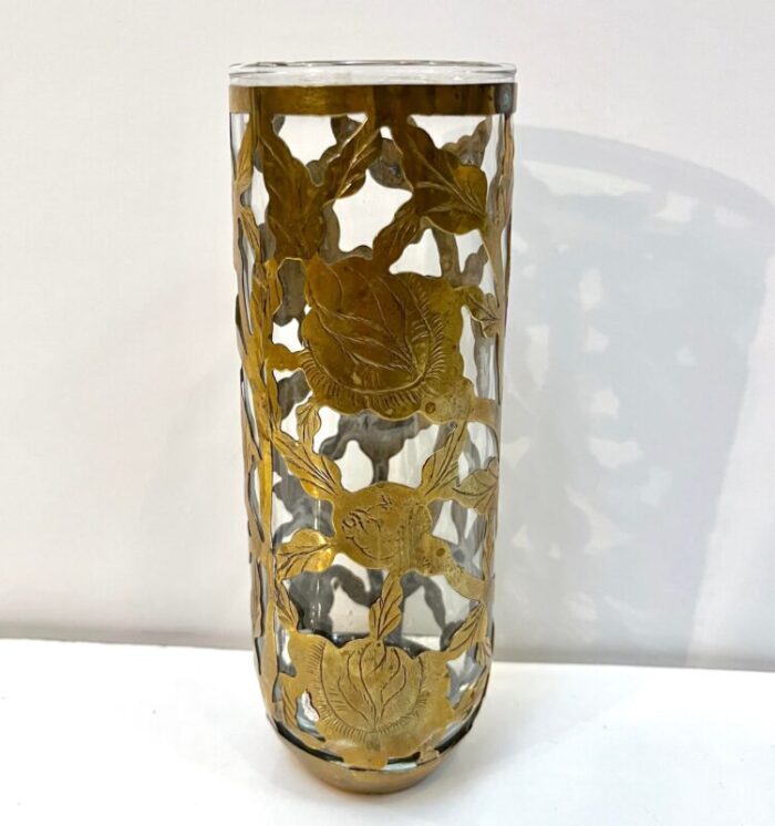 1960 mexican set of 4 drinking glasses encased in etched cutwork floral brass decor 4474