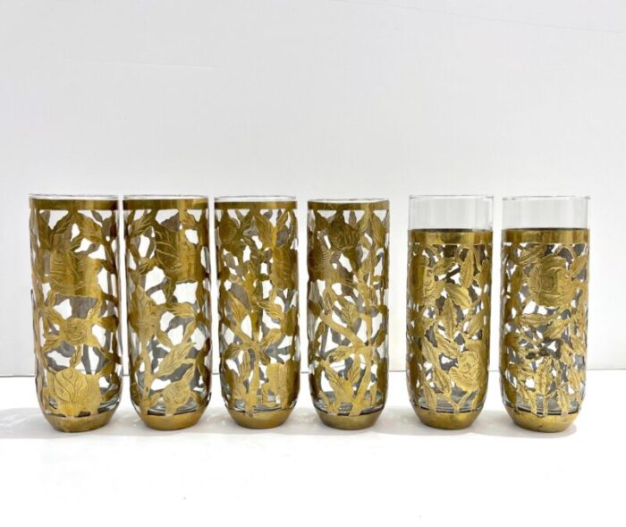 1960 mexican set of 4 drinking glasses encased in etched cutwork floral brass decor 4824