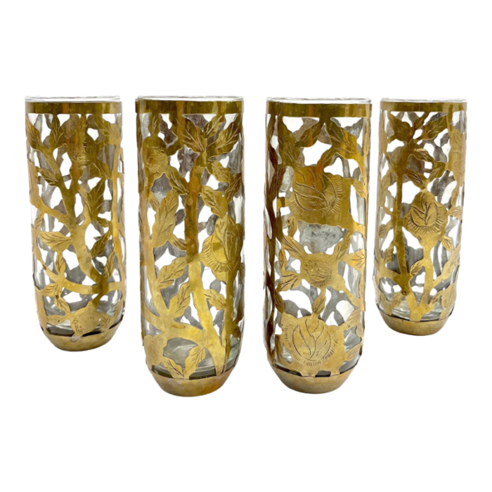 1960 mexican set of 4 drinking glasses encased in etched cutwork floral brass decor 7537