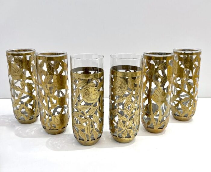 1960 mexican set of 4 drinking glasses encased in etched cutwork floral brass decor 9405