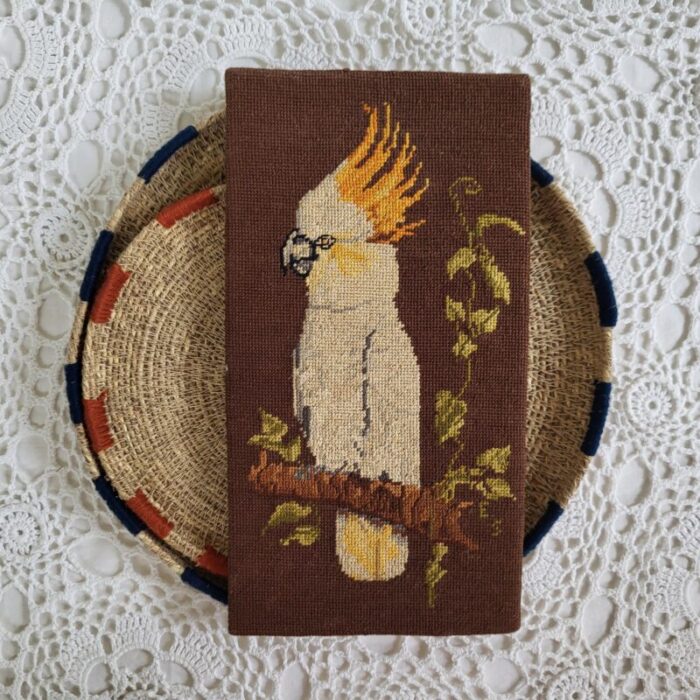 1960s hand embroidered cockatoo textile art 4414