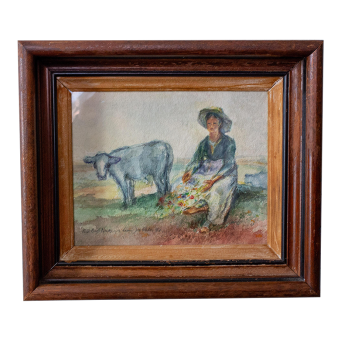 1960s original framed watercolor painting of woman and cow by joe eula 0222