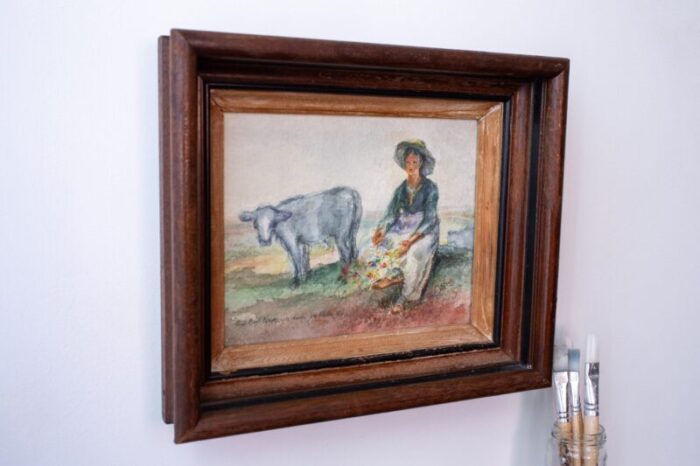 1960s original framed watercolor painting of woman and cow by joe eula 5606