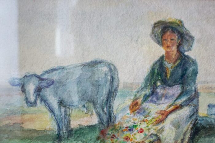 1960s original framed watercolor painting of woman and cow by joe eula 6991