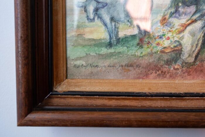 1960s original framed watercolor painting of woman and cow by joe eula 9251