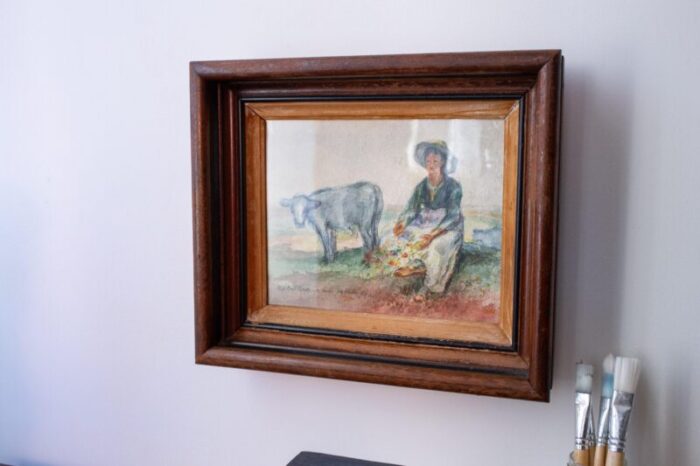 1960s original framed watercolor painting of woman and cow by joe eula 9908