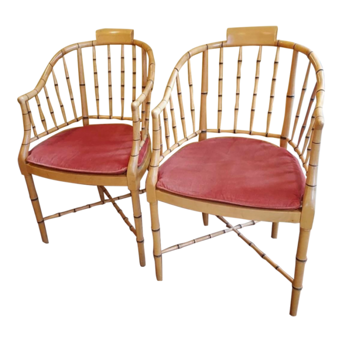 1960s vintage baker furniture faux bamboo and cane regency armchairs a pair 1242