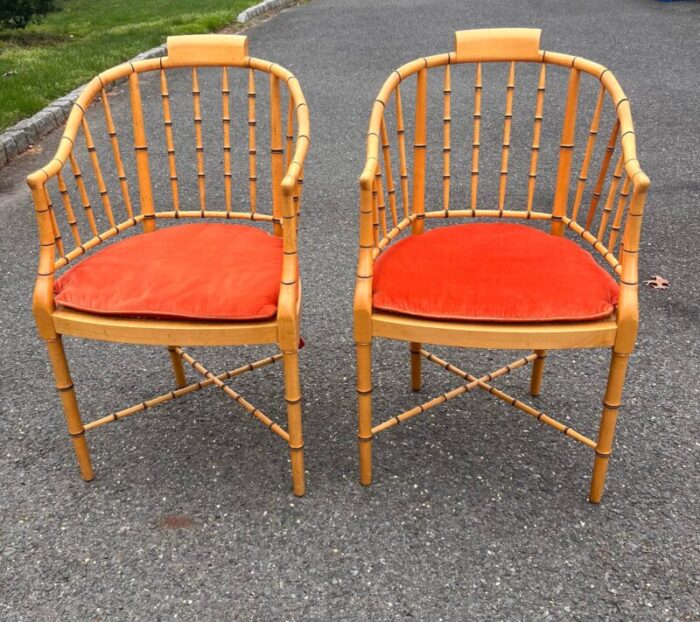 1960s vintage baker furniture faux bamboo and cane regency armchairs a pair 3548