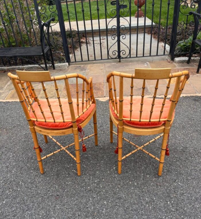 1960s vintage baker furniture faux bamboo and cane regency armchairs a pair 4704