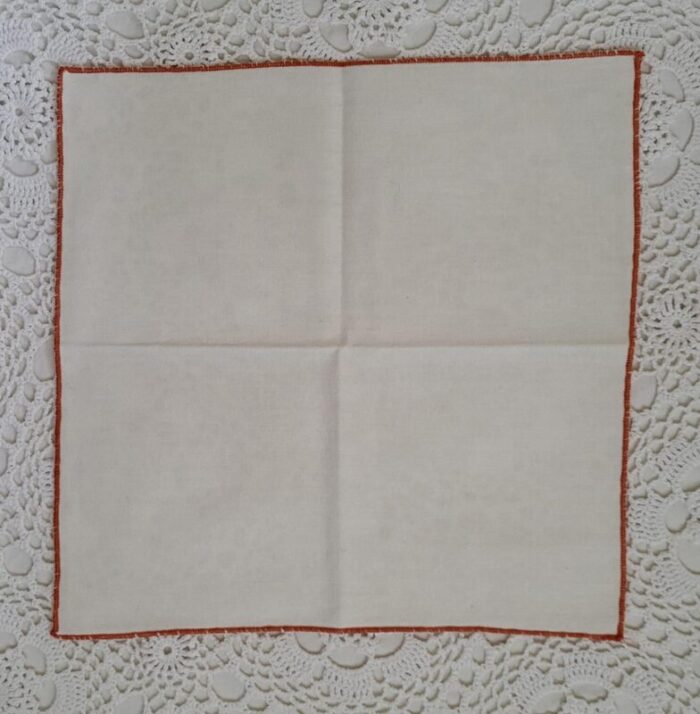 1960s white linen and orange trimmed linen luncheon napkins set of 4 2376