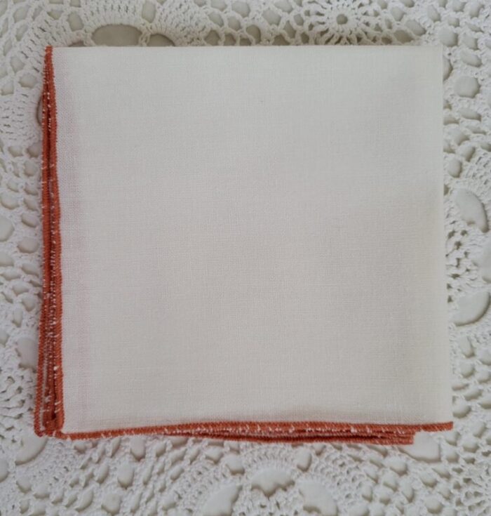 1960s white linen and orange trimmed linen luncheon napkins set of 4 6990