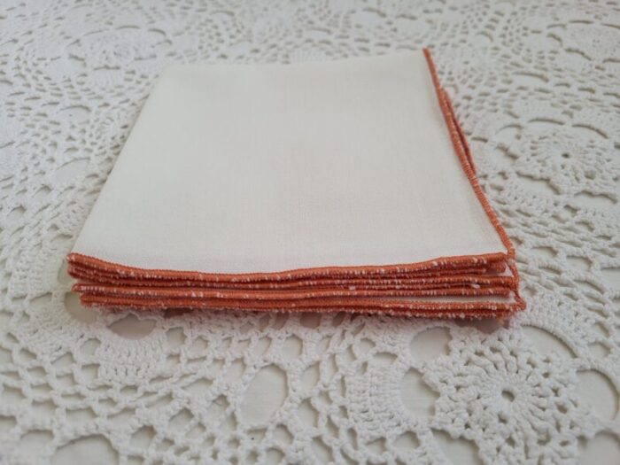 1960s white linen and orange trimmed linen luncheon napkins set of 4 7157