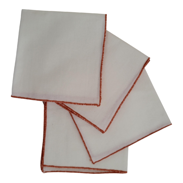 1960s white linen and orange trimmed linen luncheon napkins set of 4 8541