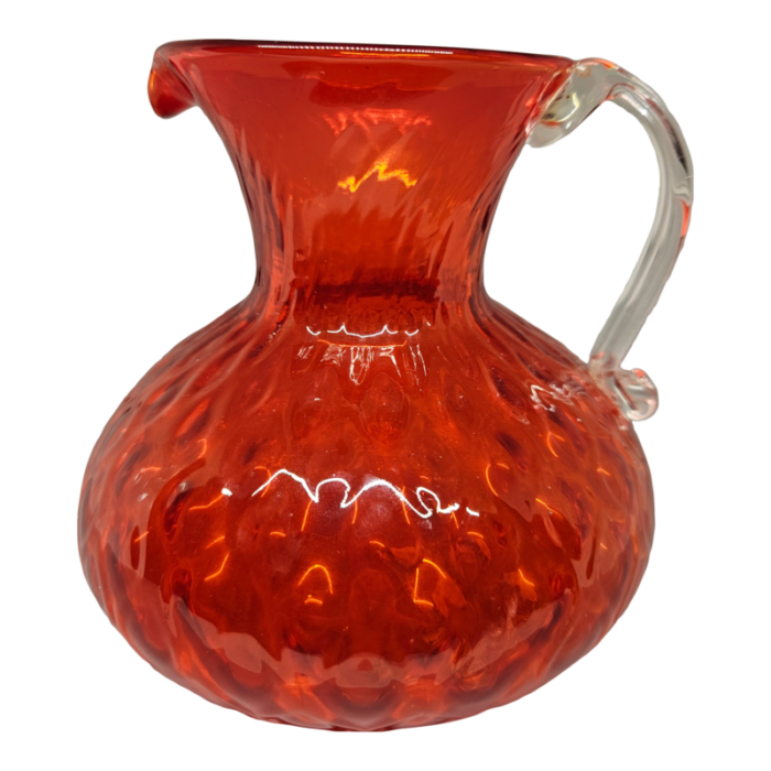 1970 red orange glass pitcher whandle pilgrim glass company bennington pattern 4730