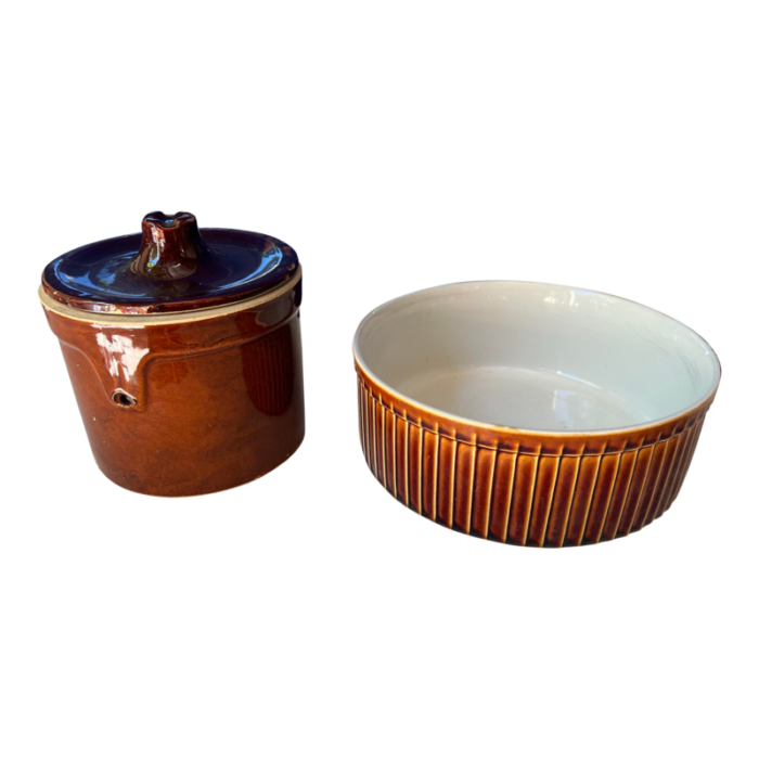 1970s americana brown ceramic stone pottery tabletop serveware 2 pieces 7772