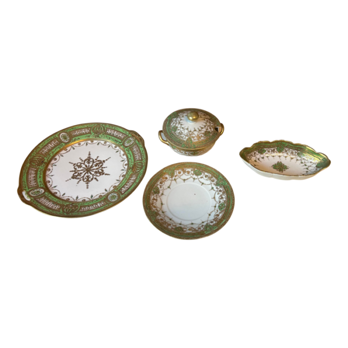 1970s cripple creek antique nippon hand painted green and white with gold moriage 4 pieces 9349