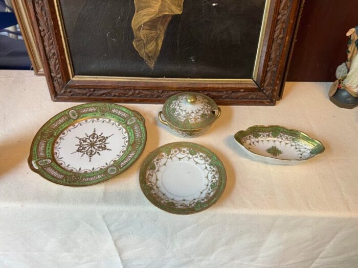 1970s cripple creek antique nippon hand painted green and white with gold moriage 4 pieces 9385