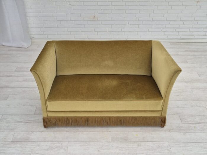 1970s danish 2 seater sofa original condition light green velour beech wood legs 5414