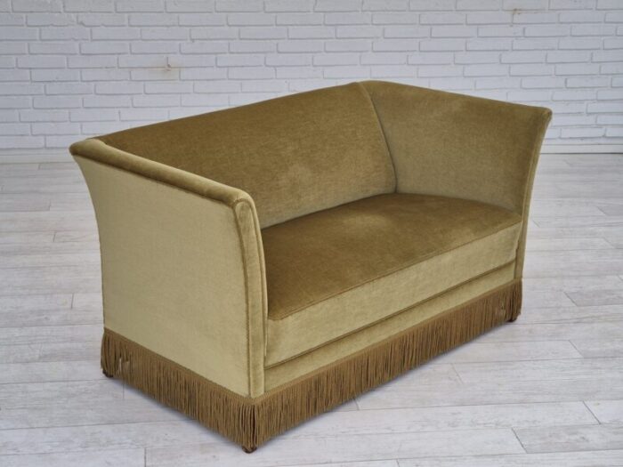 1970s danish 2 seater sofa original condition light green velour beech wood legs 6012