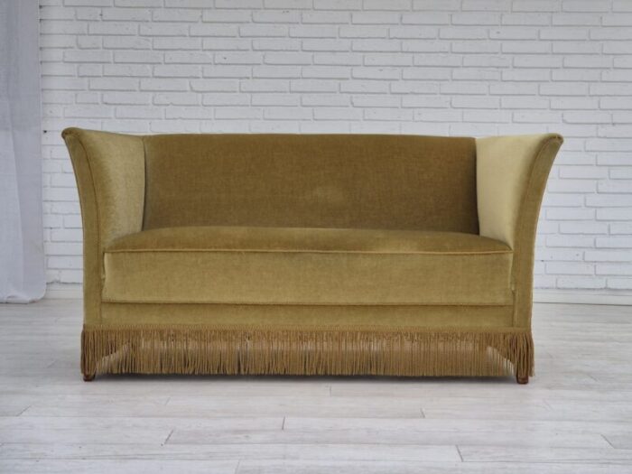 1970s danish 2 seater sofa original condition light green velour beech wood legs 9441