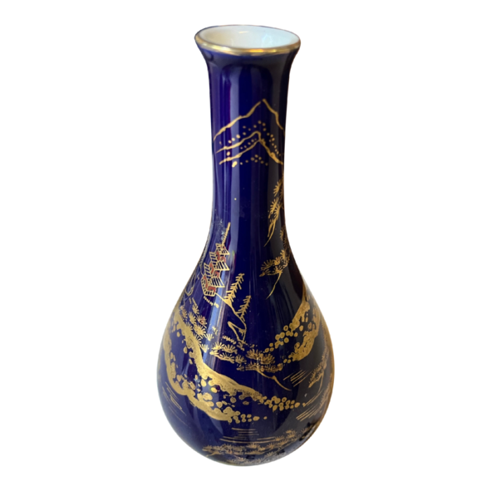 1970s deep blue pagoda vase with gold accents 2051